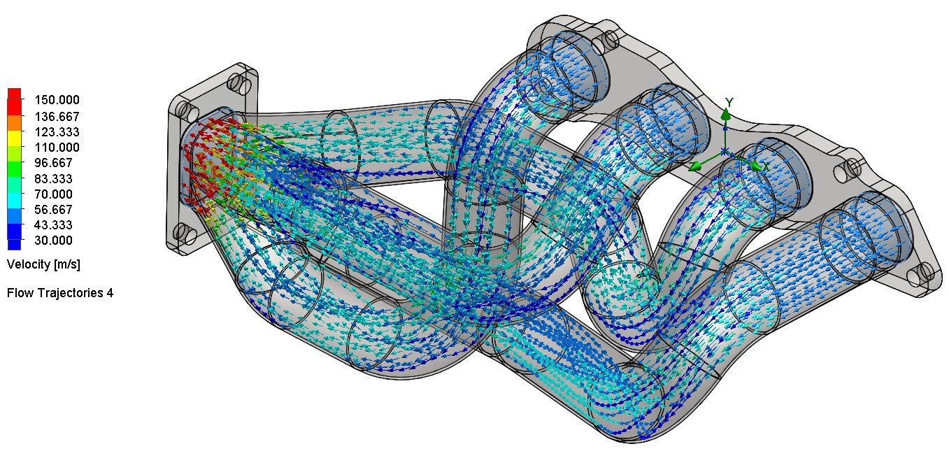 Velocity flow CFD result showing flow trajectories through a connected exhaust manifold