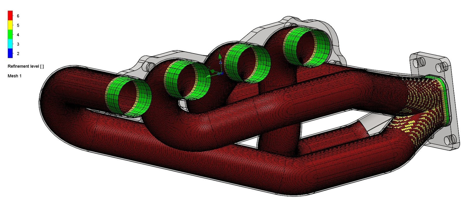 CFD mesh refinement image showing an exhaust manifold with local mesh controls