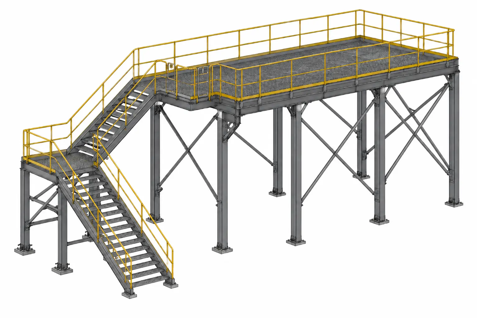 Heavy structural steel access platform with stairs, bracing, columns and safety handrails