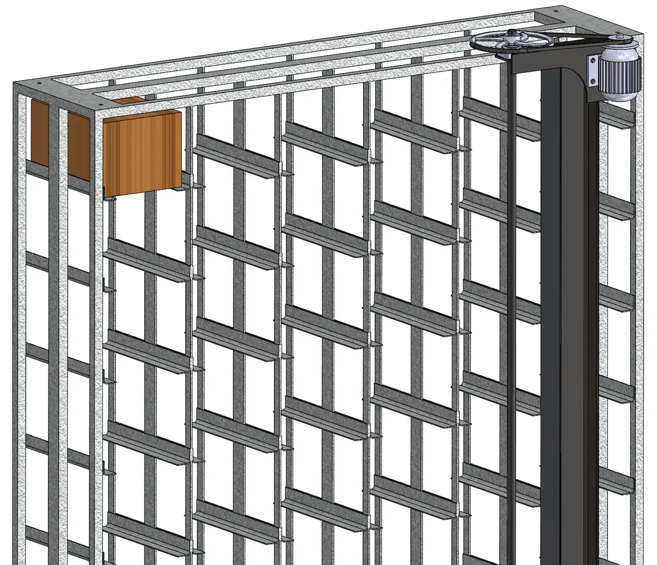 Structural engineering CAD model showing a framed vertical assembly with driven mechanism and support members