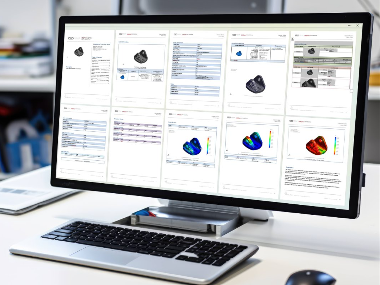 Structural FEA report pages displayed on a desktop monitor with model setup and result contours