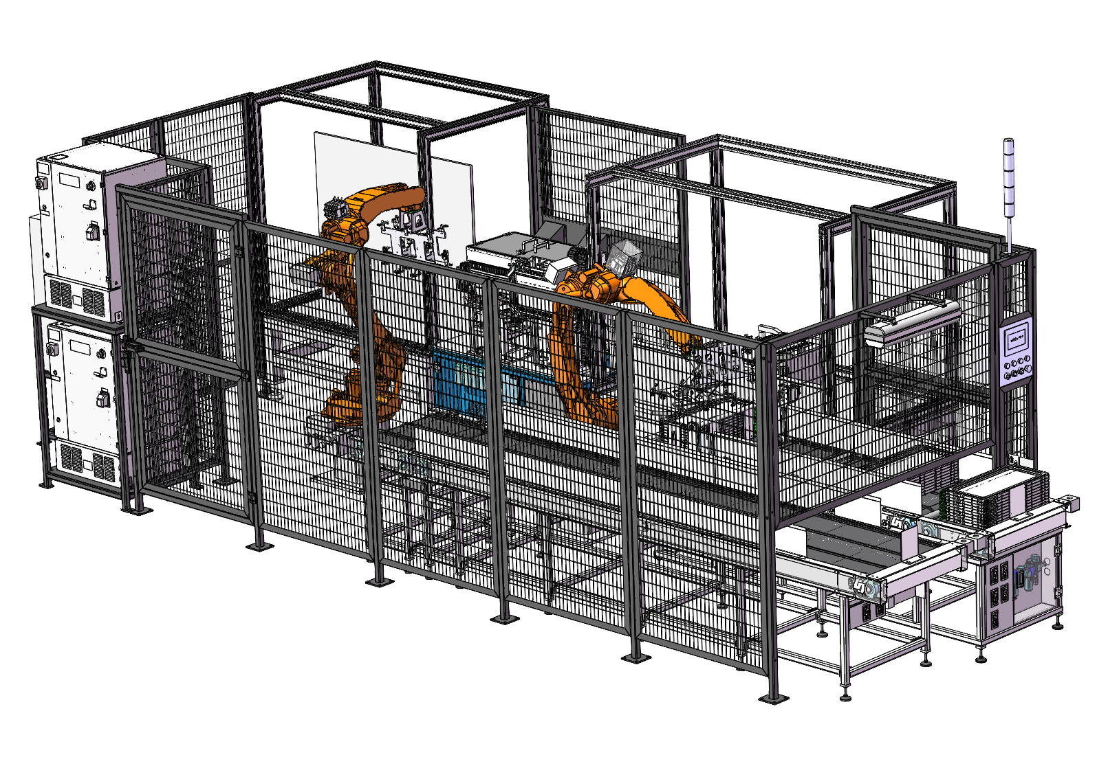 Machine safety workcell CAD layout showing fenced robotic cell, guarding, access gates and control equipment