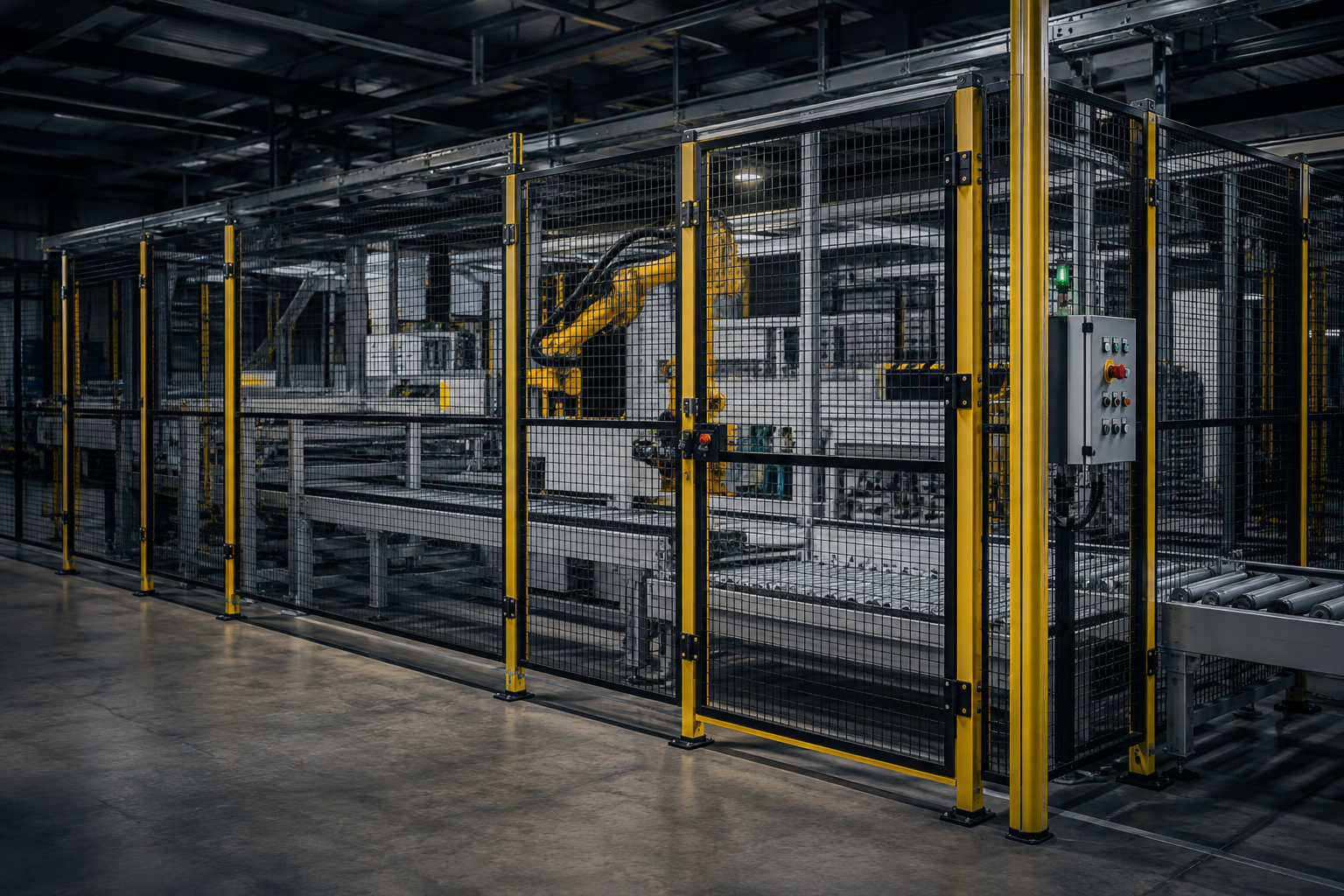 Guarded automated industrial machine cell with perimeter safety fencing