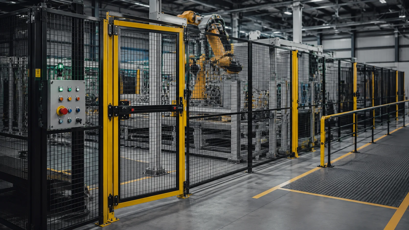 Industrial robotic cell with safety fencing, interlocked access gate and control panel