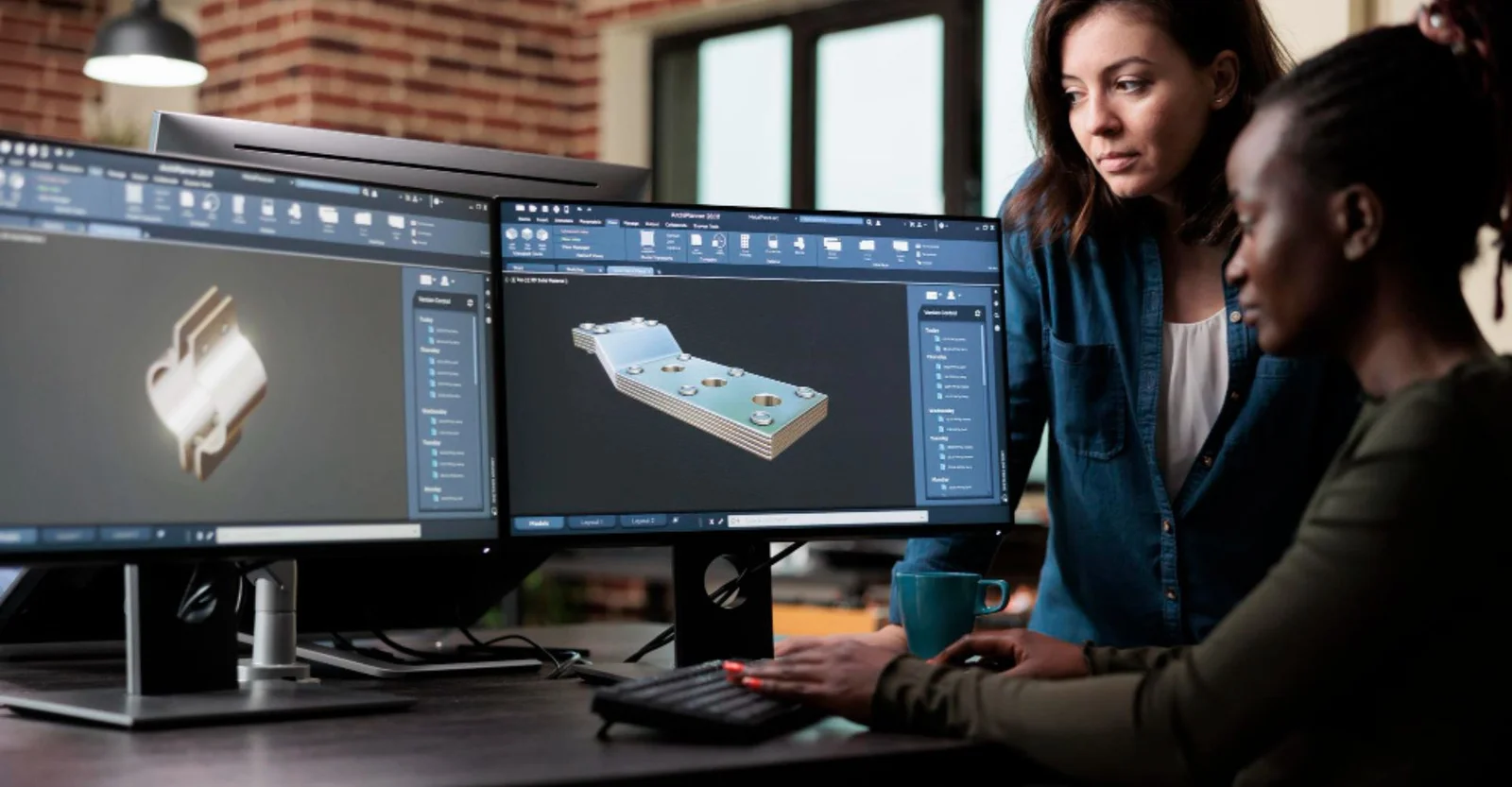 Engineering team reviewing CAD models on dual monitors